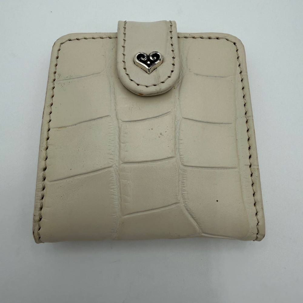 Brighton Cream Croc Embossed Leather Double Travel Mirror Heart Snap Closure